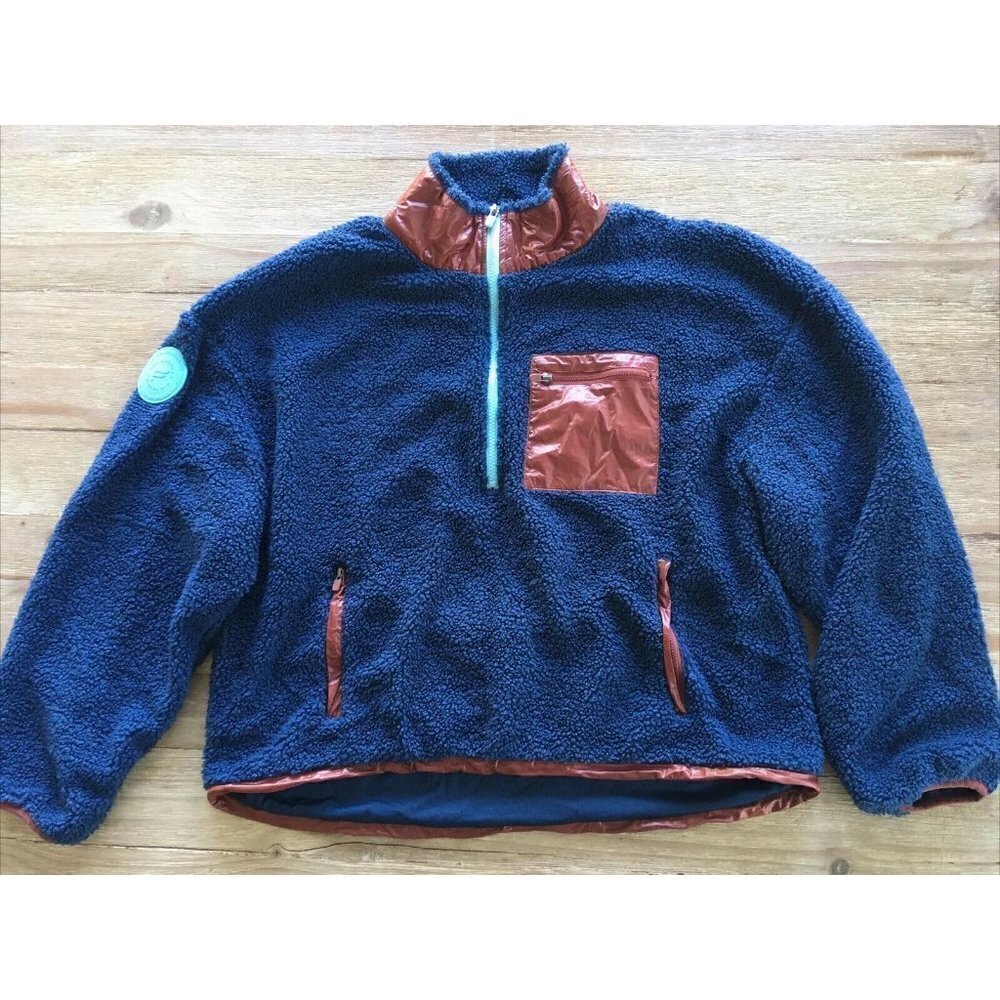 Fabletics Larissa Fleece Pullover 1/2 Zip Logo Patch Dark Blue Brown Pocket - XL